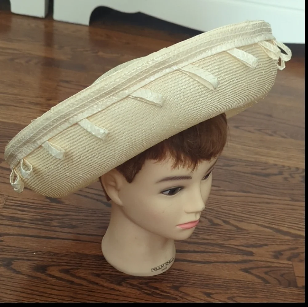 Vtg Adolfo II Old Money Cream Sculptural Wide Brim Accents Straw Hat - Picture 6 of 8